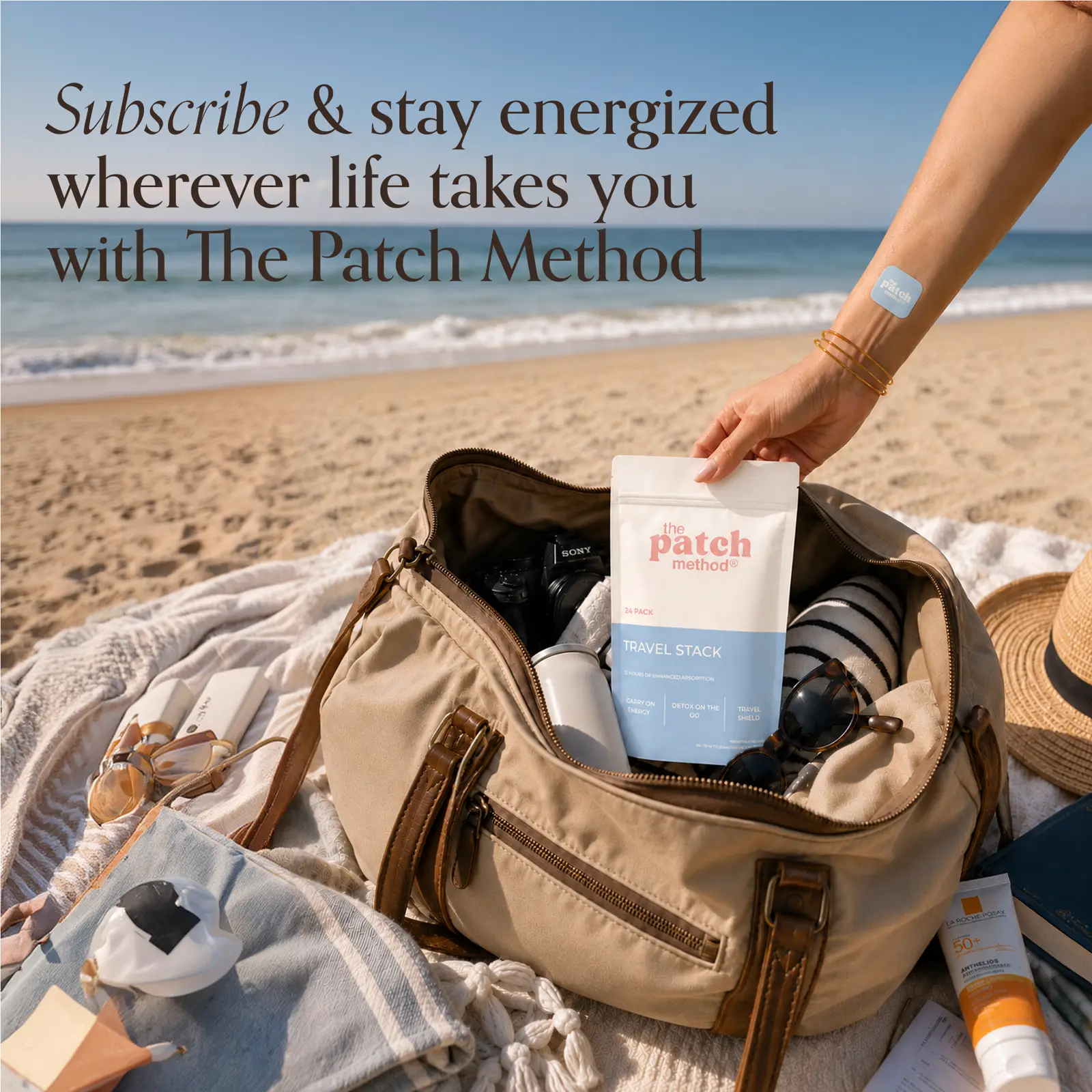 Patch Method travel pack campaign image on a beach